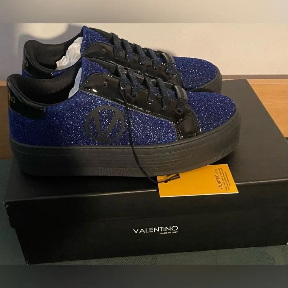 New Mario Valentino SELA Royal Blue Sparkle Black Sneakers Shoes 37 EU 7 USA - Picture 4 of 14